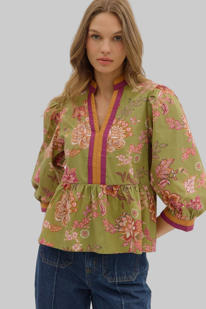 3/4 SLEEVE BOTANICAL PRINT PEPLUM TOP - OLIVE
