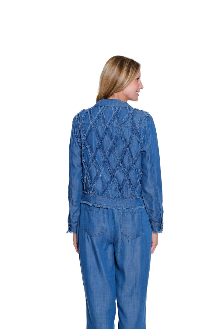 CUFFED L/S BUTTON FRONT JEAN FRINGE TRIM JACKET - MED INDIGO