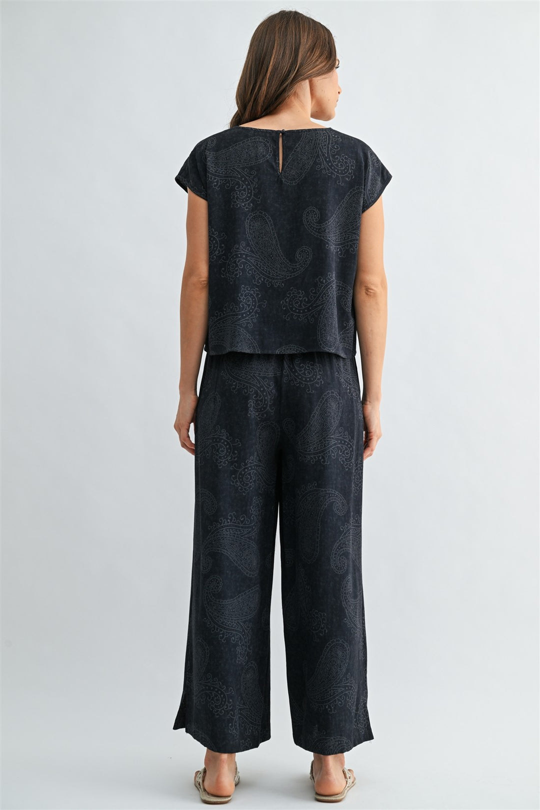 ELASTIC WAIST PAISLEY WIDE LEG PANTS - NAVY