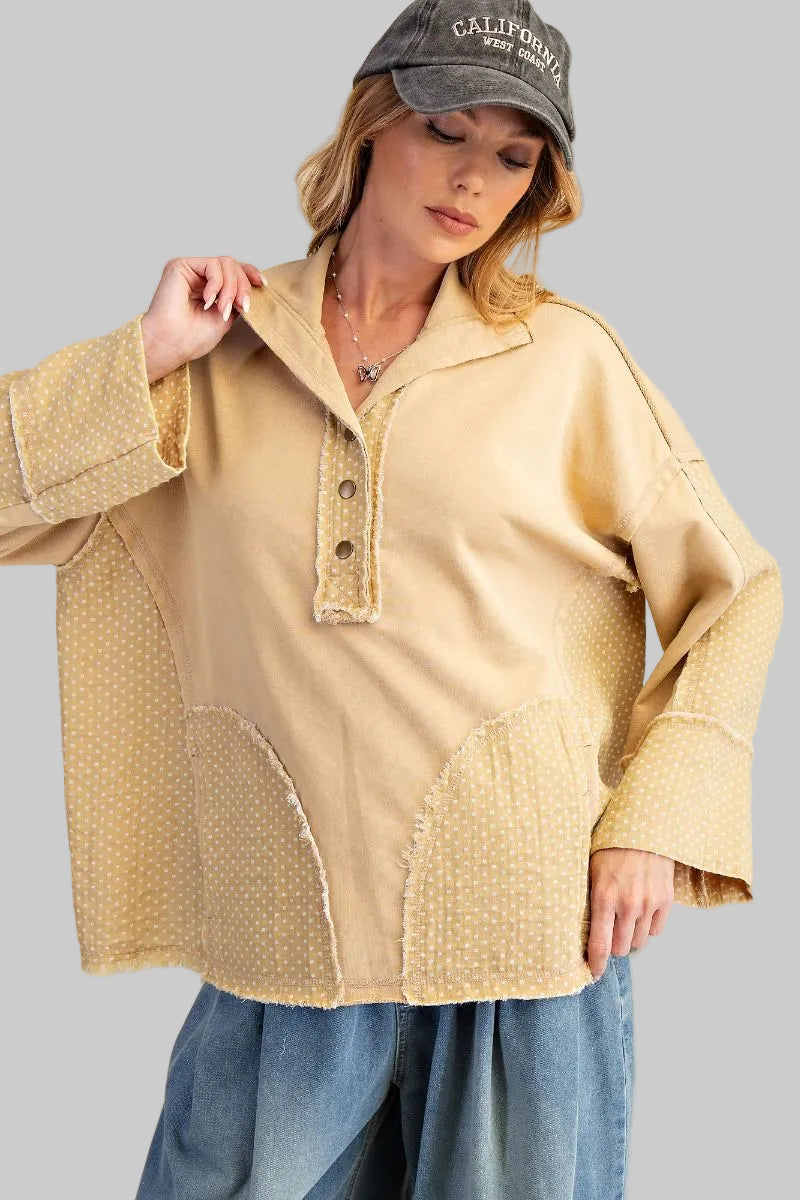 POLKA DOT MIX WASHED PULLOVER - HONEY MUSTARD
