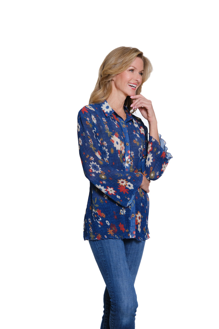 3/4 SLEEVE BUTTON FRONT PLEATED SHIRT - NAVY FLORAL PRINT