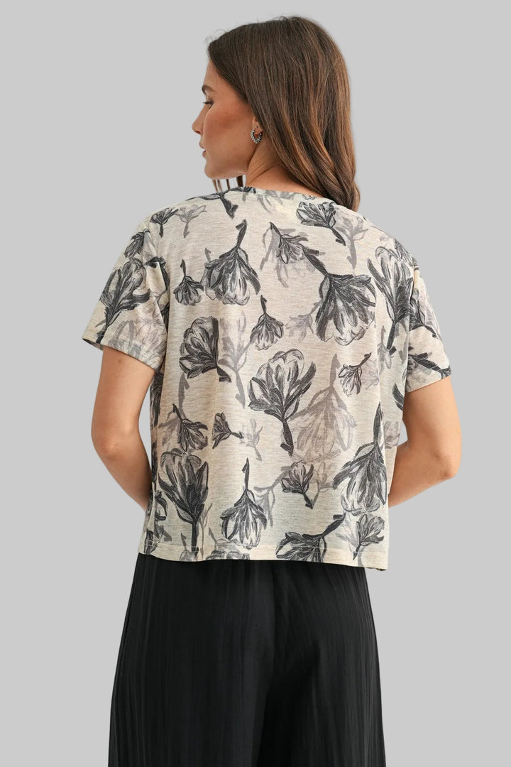 SHORT SLEEVE FLORAL PRINT TOP - TAUPE