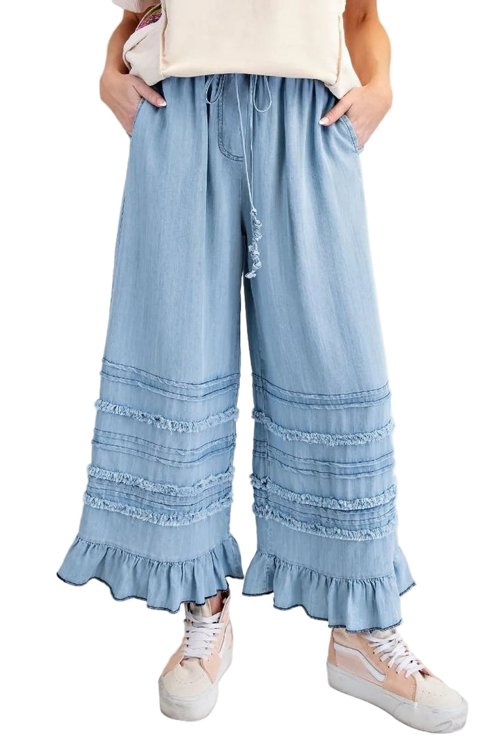FRAYED WASHED RUFFLE HEM CHAMBRAY PANTS - LIGHT DENIM