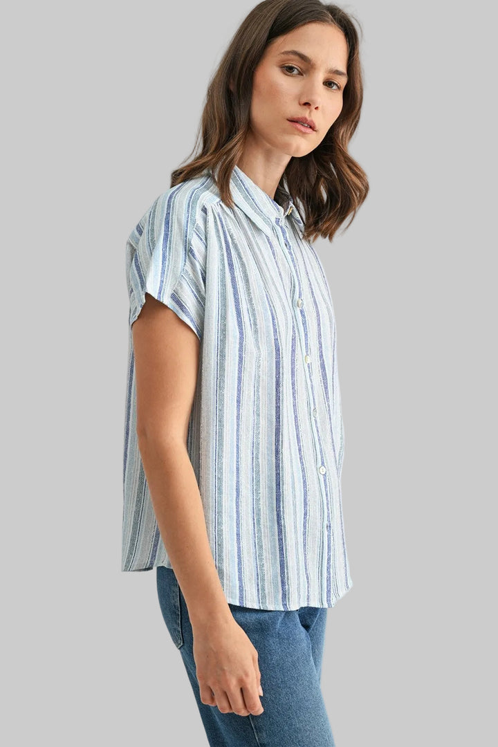 DOLMAN SHORT SLEEVE STRIPED BUTTON DOWN TOP - BLUE COMBO