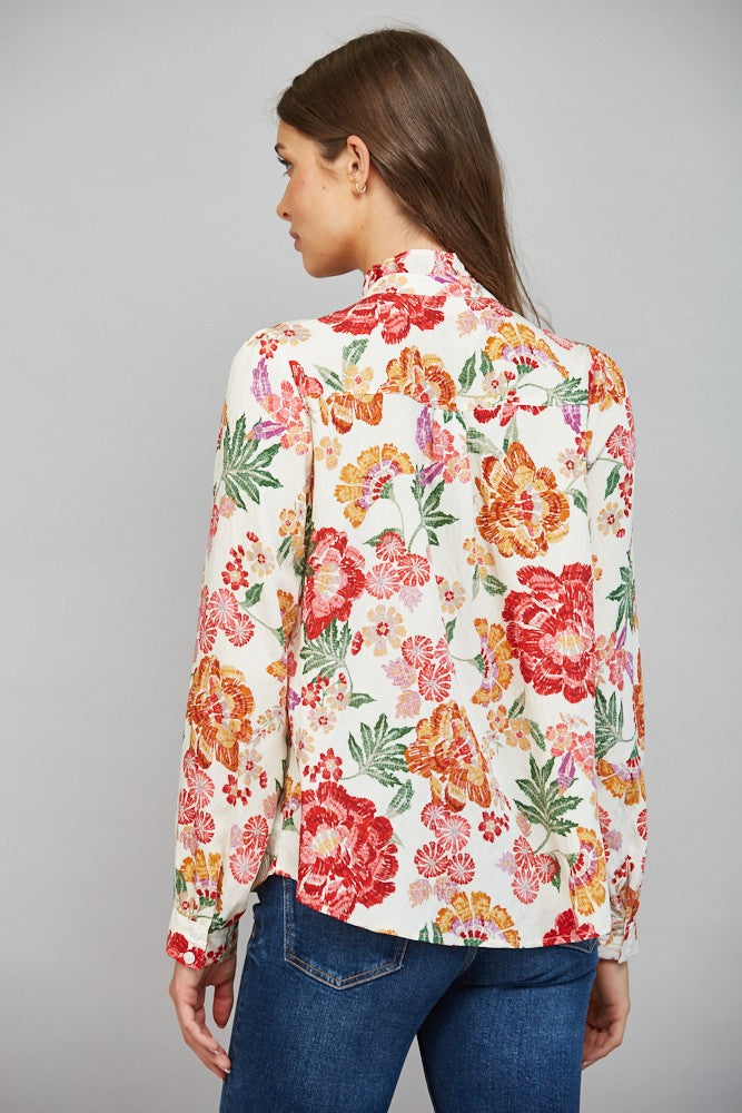 RUFFLE COLLAR BUTTON DOWN BLOUSE - BEIGE MULTI