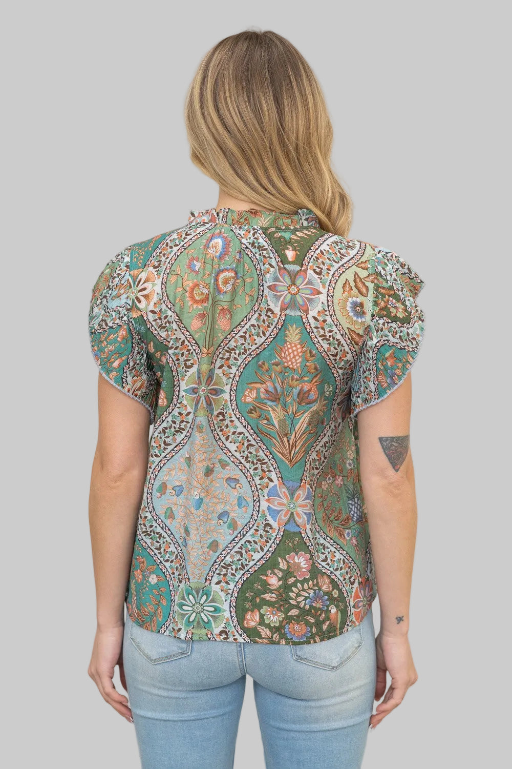 PLEATED SLEEVE BUTTON DOWN FLORAL PAISLEY TOP - GREEN