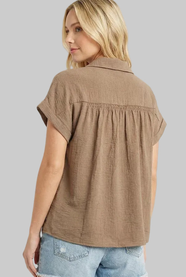 DROP SHOULDER BUTTON UP SHIRT-  CAMEL