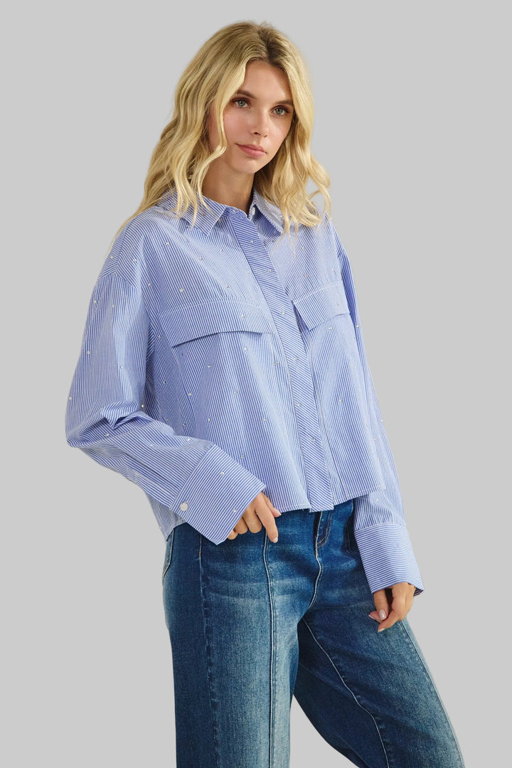 STRIPED W/RHINESTONE STATEMENT TOP - INDIGO BLUE