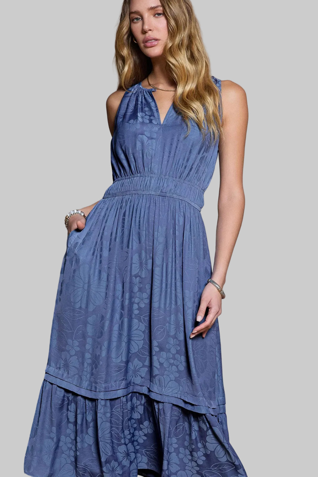 SLEEVELESS HALTER NECK TIERED A-LINE MIDI DRESS  - PARISIAN BLUE