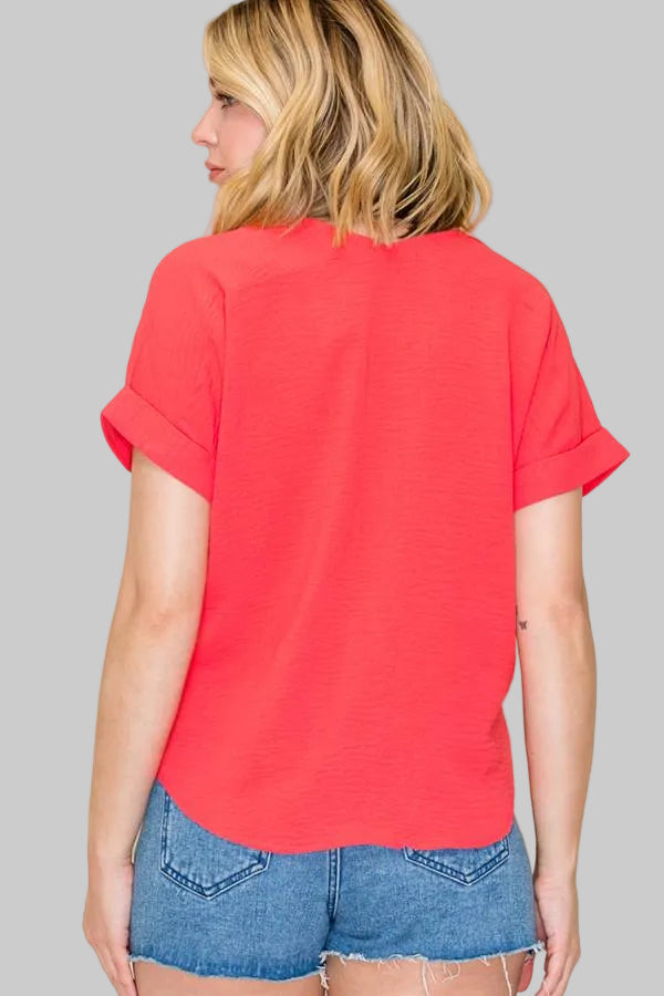 ROLL UP SHORT SLEEVE LOOSE FIT TOP - RED