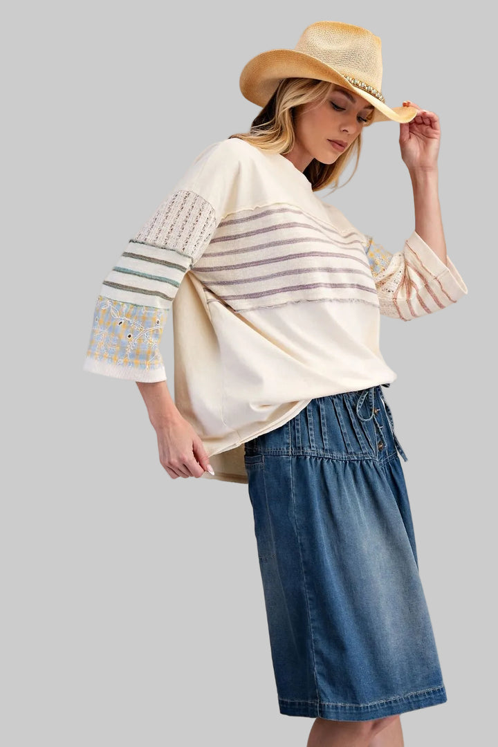 3/4 SLEEVE PRINTED WASHED BOXY TOP - IVORY