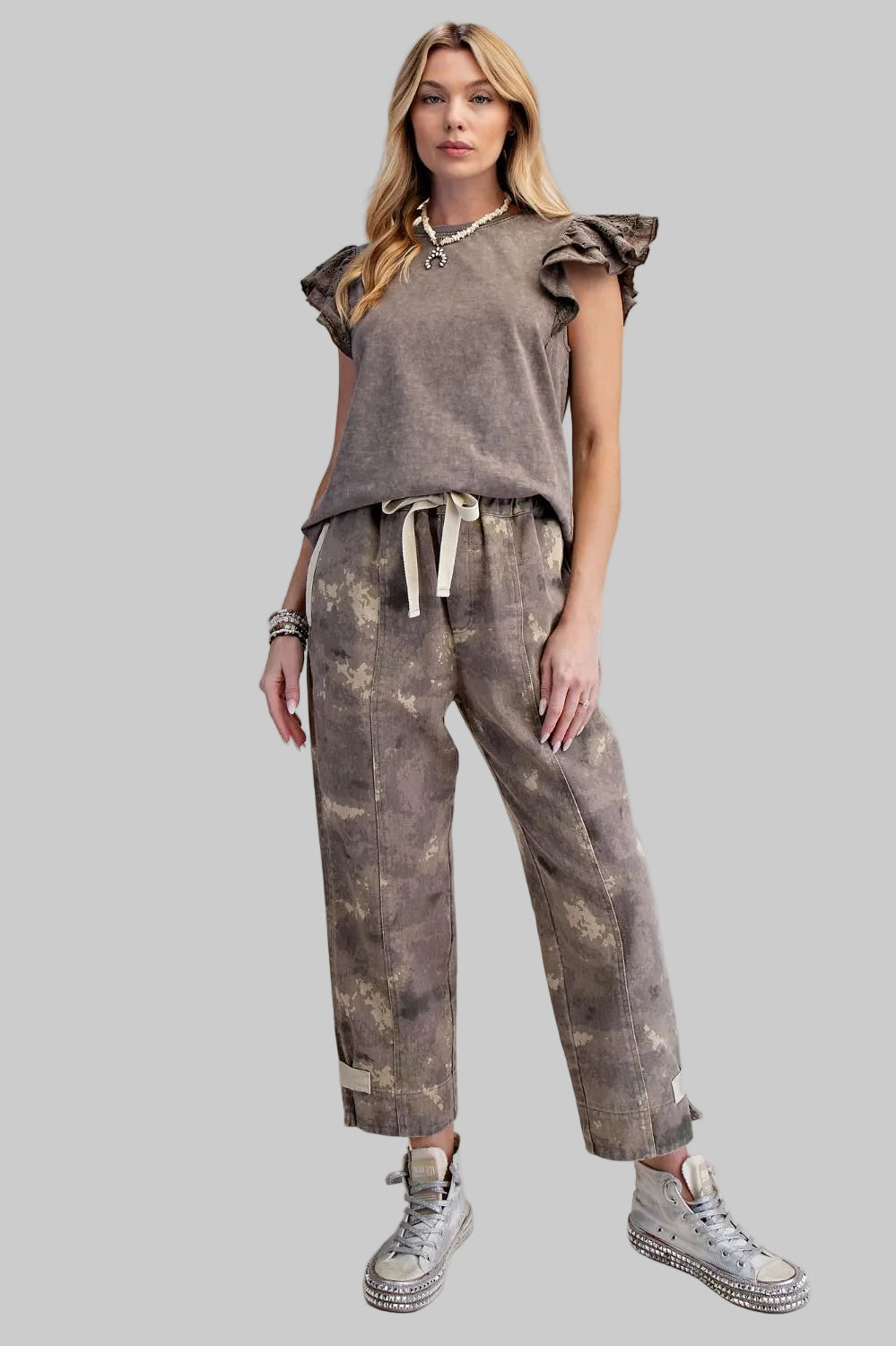 DOUBLE RUFFLE WING SLEEVE COTTON SLUB KNIT TOP - MOCHA