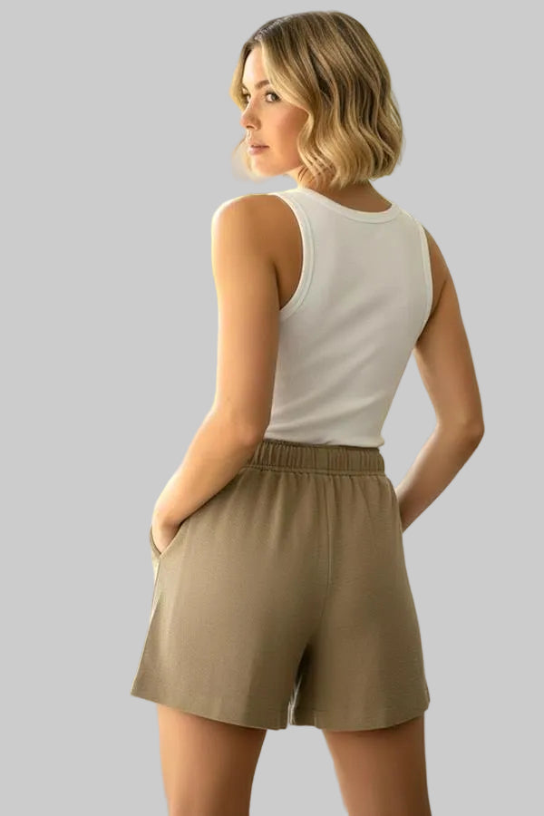ELASTIC WAIST PAPER BAG SHORTS - TAUPE
