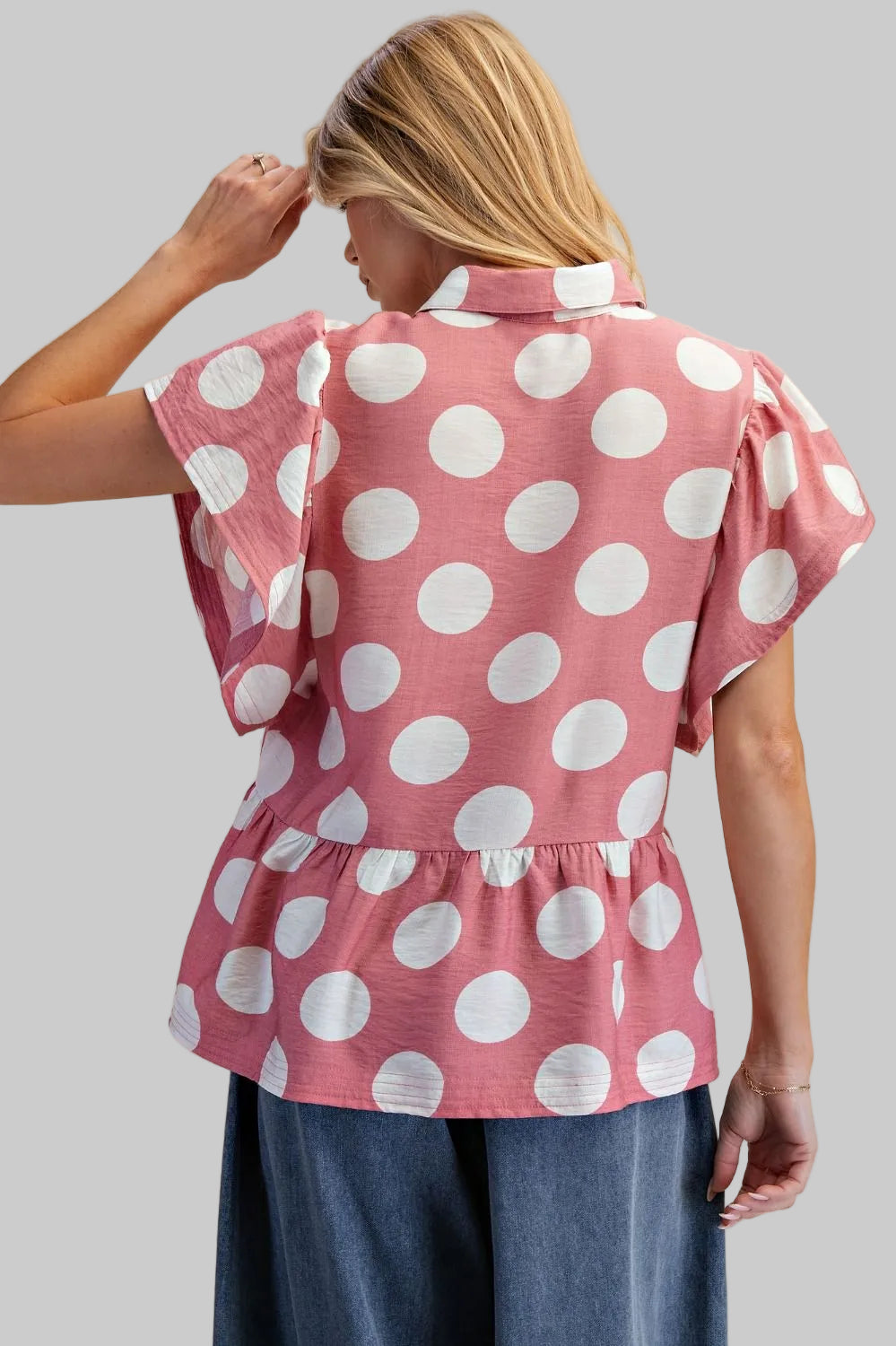 RUFFLE SLEEVE BIG DOT BABY DOLL TOP - DUSTY ROSE