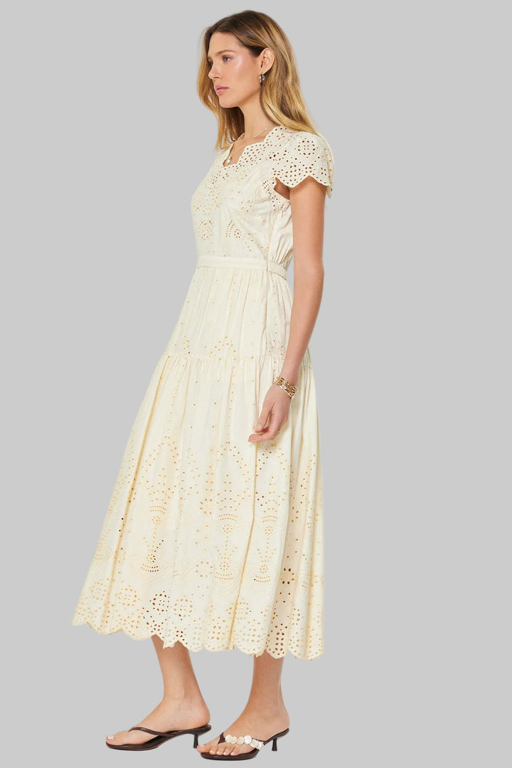 SCALLOPED CAP SLEEVE EYELET EMBROIDERED MAXI DRESS - IVORY