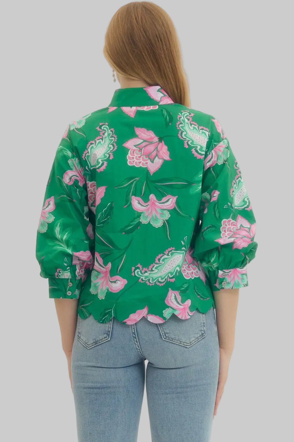 3/4 SLEEVE TROPICAL FLORAL SCALLOP WOVEN TOP - GREEN
