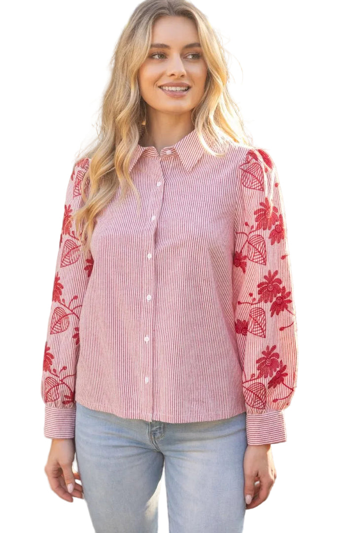 FLORAL EMBROIDERED SLEEVE BUTTON DOWN SHIRT - RED