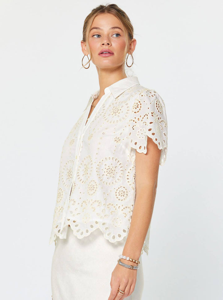 SHORT SLEEVE EYELET EMBROIDERY BLOUSE - WHITE