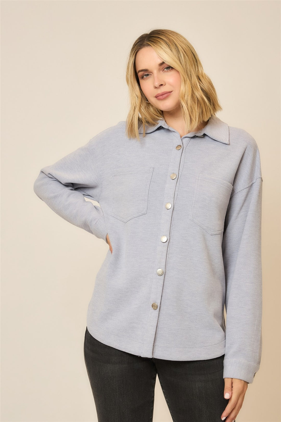 MICRO RIB BUTTON UP SHACKET - LIGHT BLUE