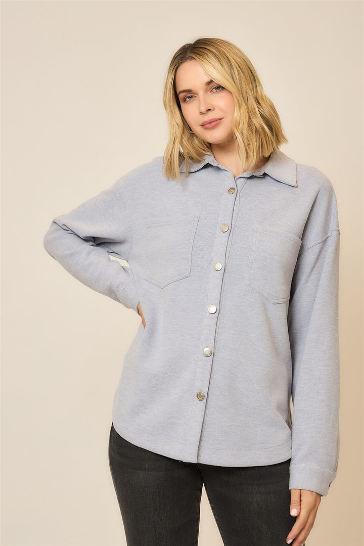 MICRO RIB BUTTON UP SHACKET - LIGHT BLUE