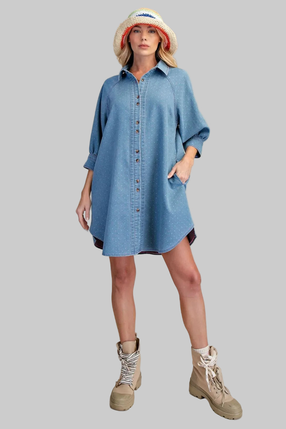 3/4 SLEEVE DENIM SHIRT SHORT DRESS - WASHED DENIM