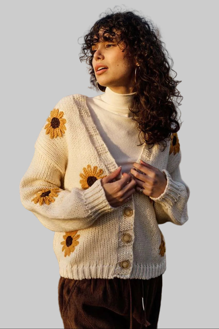 SUNFLOWER BUTTON UP CARDIGAN - CREAM