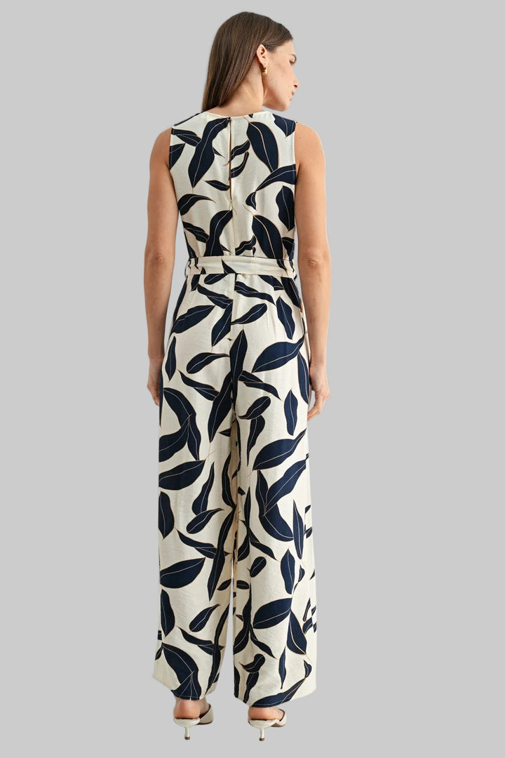 SLEEVELESS LEAF PRINT TIE WAIST JUMPSUIT - NAVY