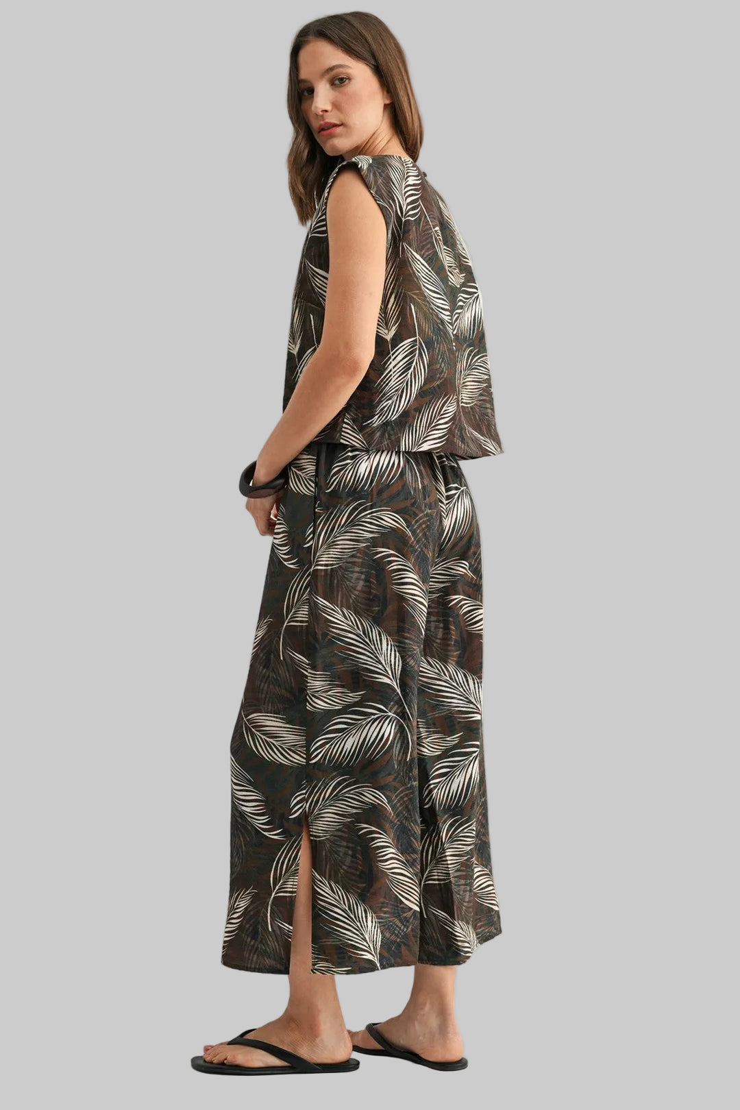 ELASTIC WAIST LEAF PRINT PANTS - OLIVE