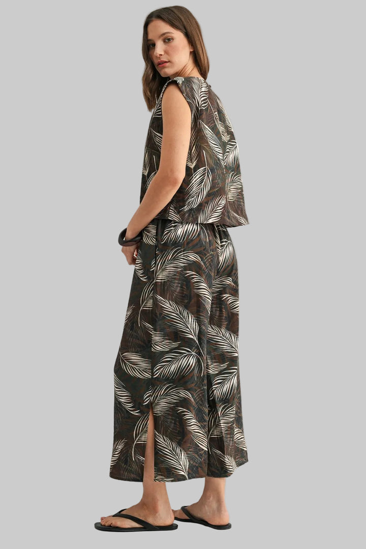 ELASTIC WAIST LEAF PRINT PANTS - OLIVE