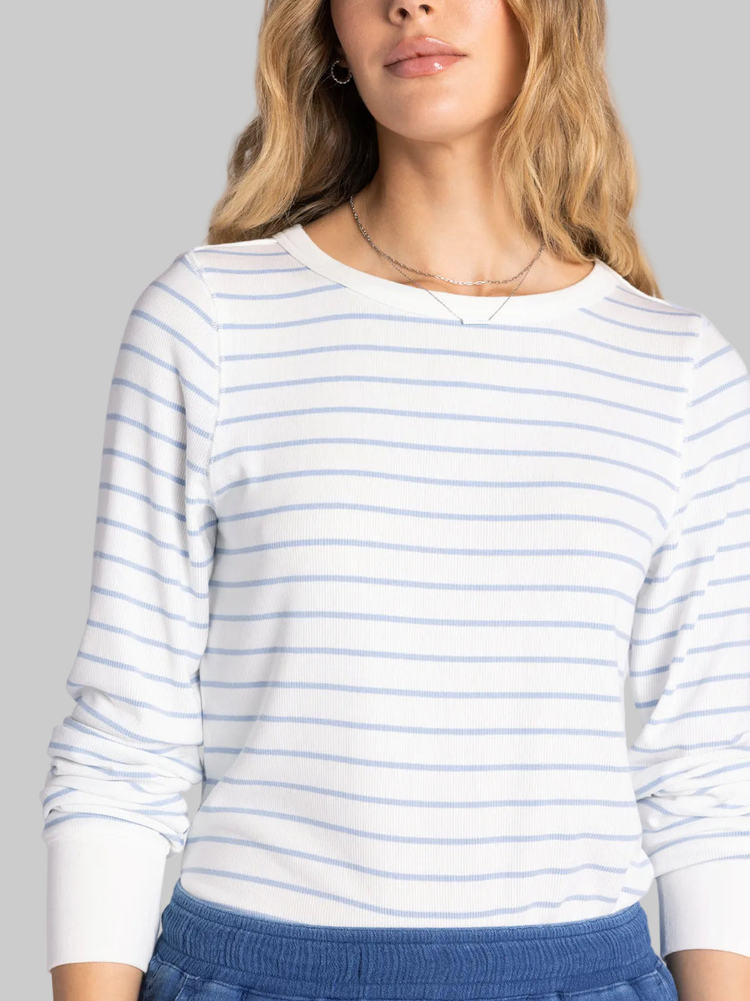 LONG SLEEVE STRIPED STACY TOP - IVORY POWDER BLUE