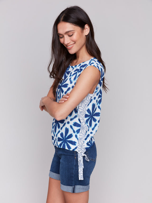 PRINTED SLEEVELESS CREW NECK TOP W/CORD - MOSAIC