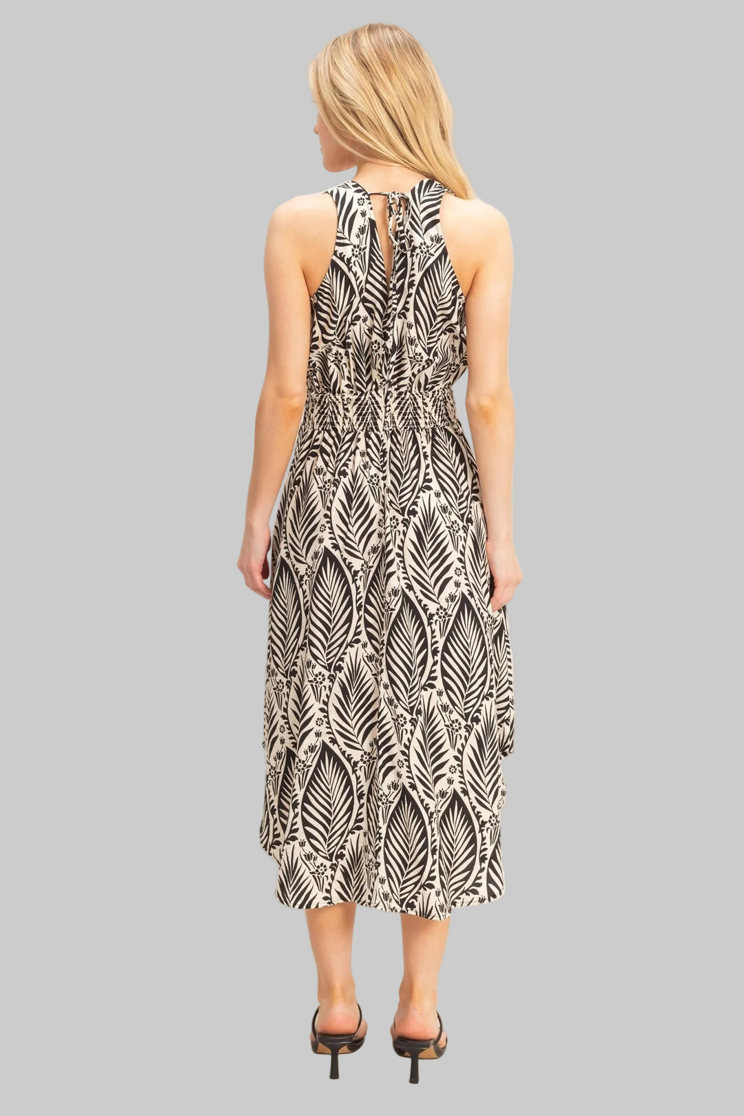 SLEEVELESS SMOCKED WAIST ASYMMETRICAL MIDI DRESS - BLACK