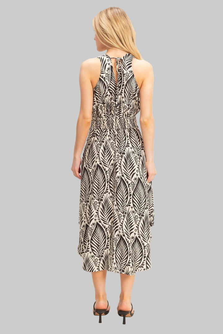 SLEEVELESS SMOCKED WAIST ASYMMETRICAL MIDI DRESS - BLACK