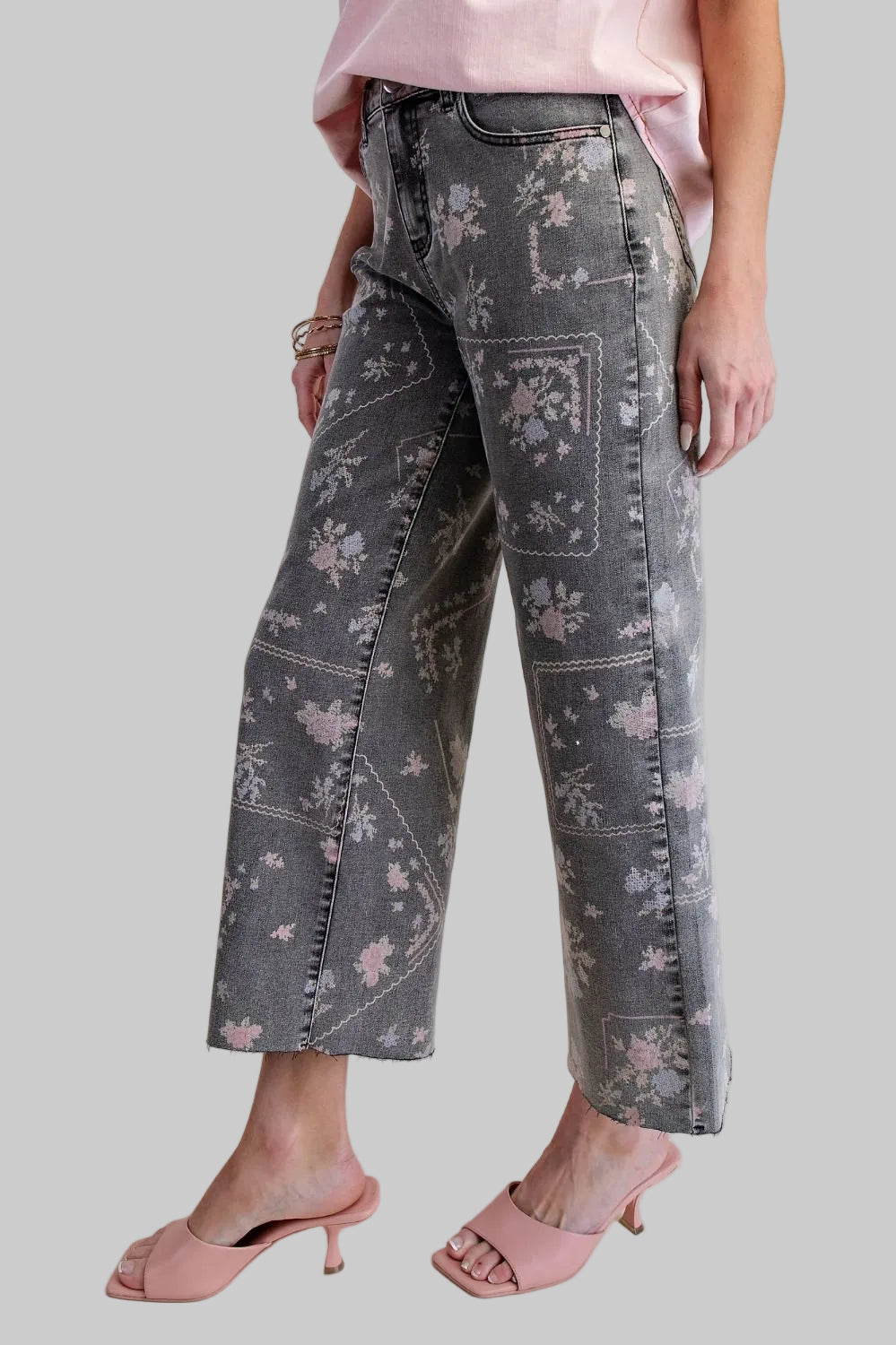 PRINTED ENZYME WASHED STRETCH DENIM PANTS - BLACK DENIM