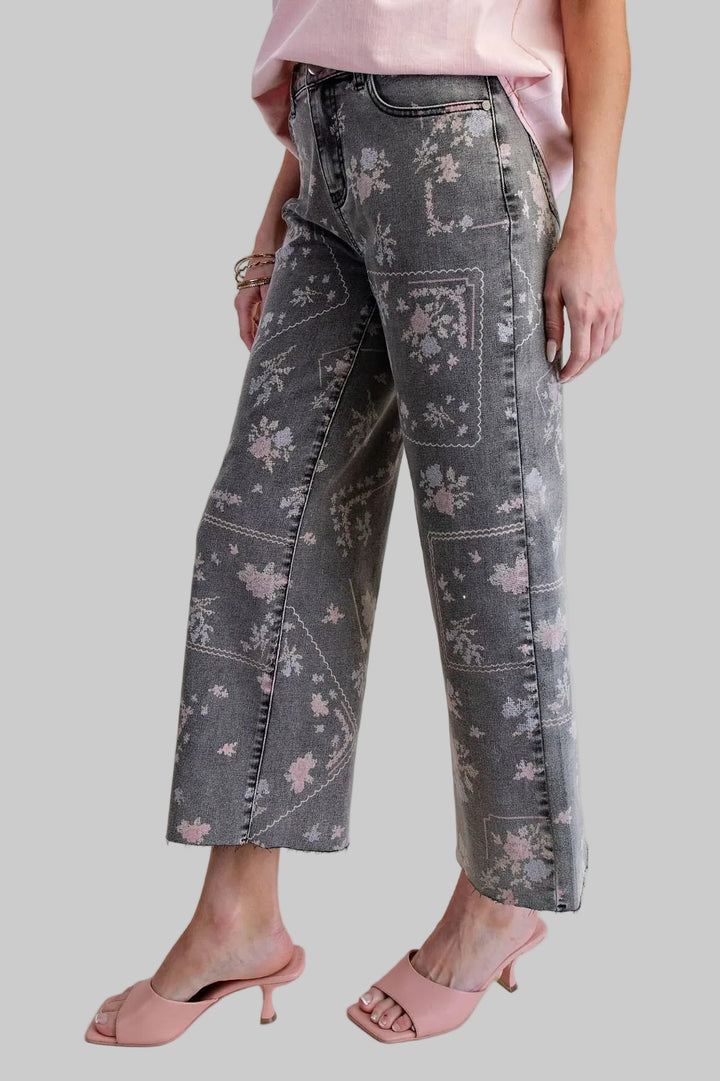 PRINTED ENZYME WASHED STRETCH DENIM PANTS - BLACK DENIM