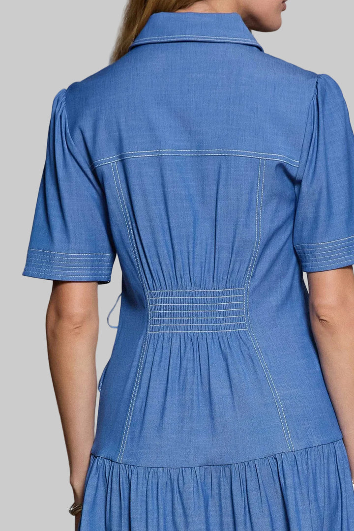 COLLARED BUTTON UP TIERED SHORT DRESS W/BELT - BLUE