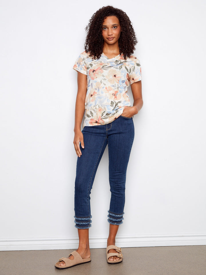 PRINTED V-NECK SHORT SLEEVE TSHIRT - AURELIA