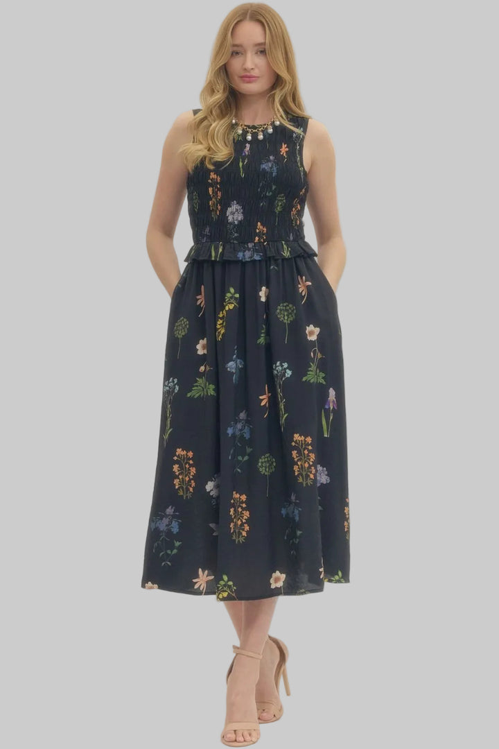 SLEEVELESS FLORAL PRINT MIDI DRESS - BLACK