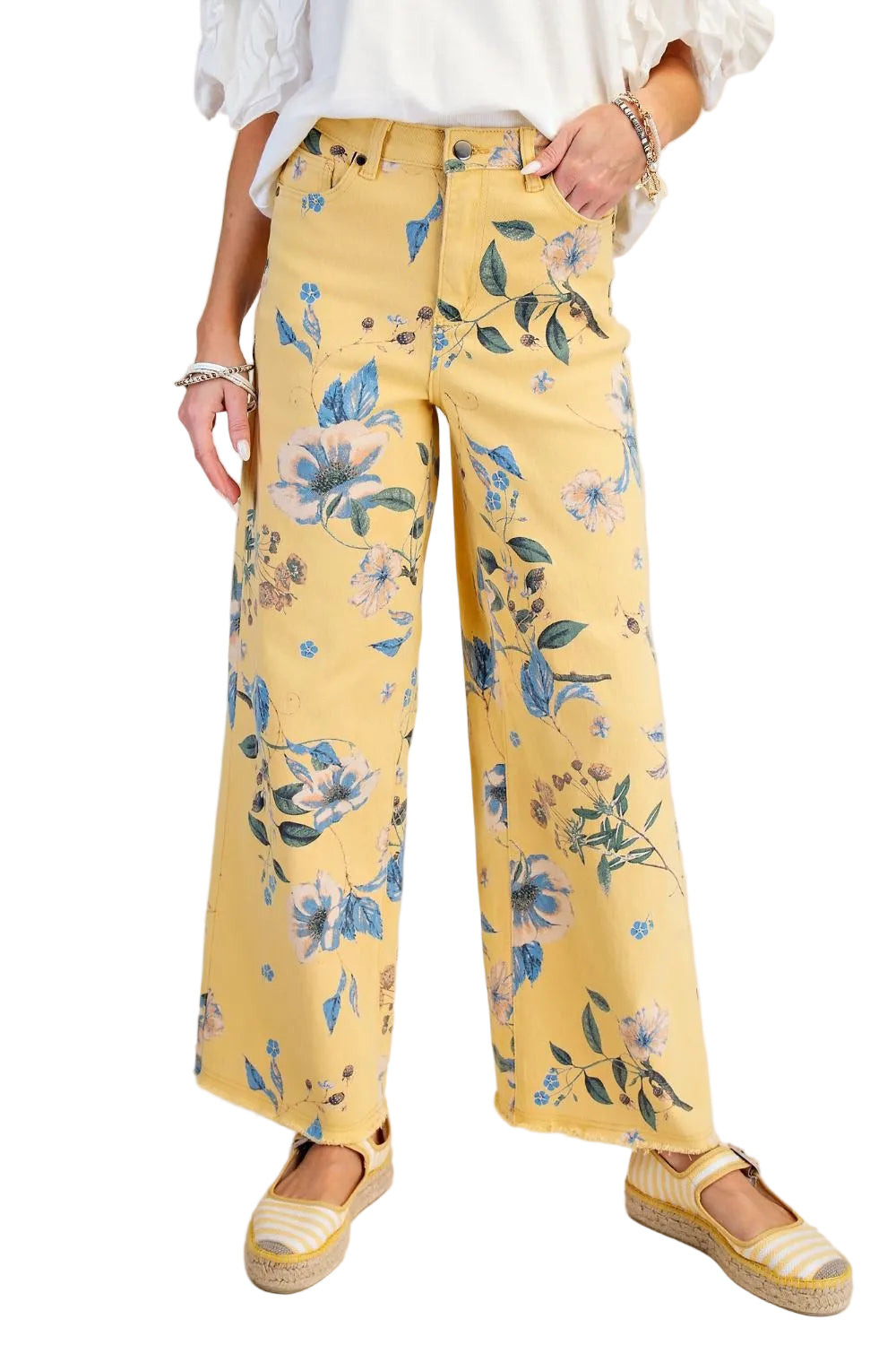 FLORAL PRINTED SOFT STRETCH TWILL PANTS - MISTY YELLOW