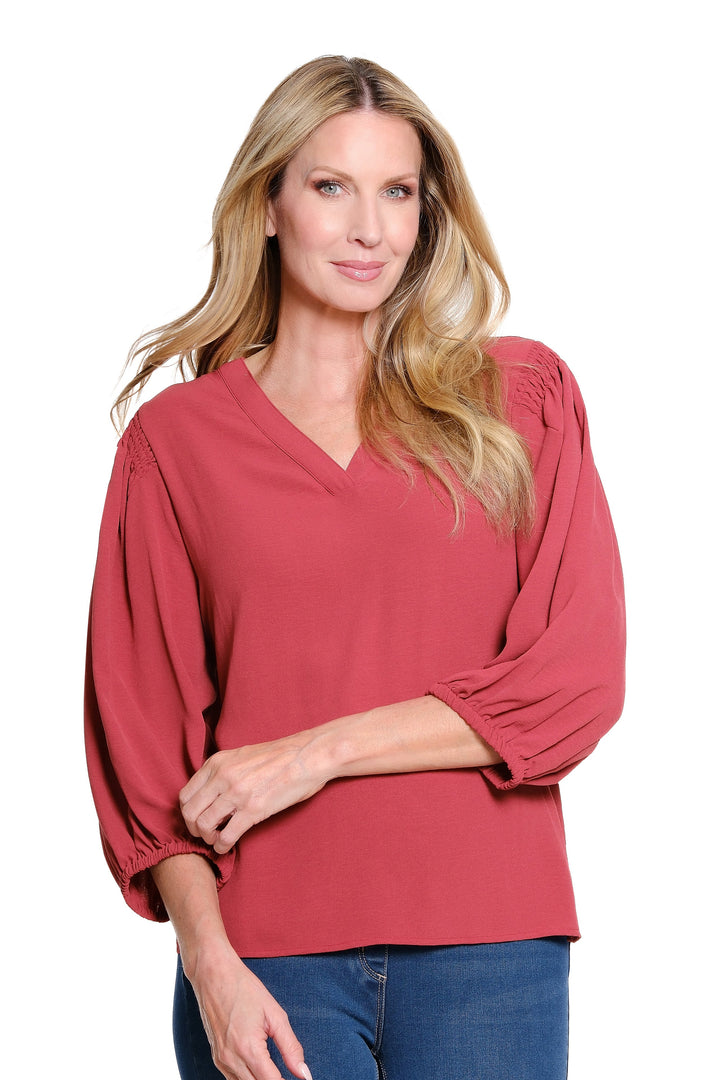 PUFF SLEEVE BANDED V-NECK WOVEN TOP - BRICK