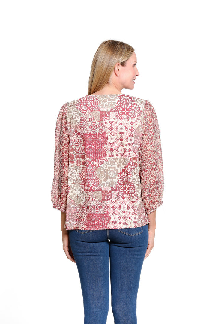 3/4 SLEEVE NOTCH NECK EMBROIDERED TOP - ABSTRACT BURG/COCOA