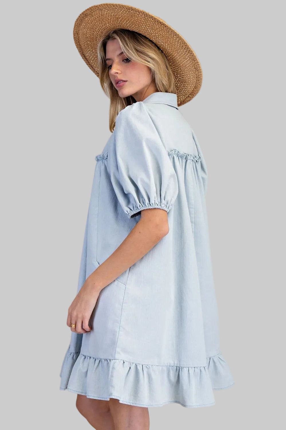 RUFFLE BOTTOM WASHED CHAMBRAY SHORT DRESS - LIGHT DENIM - MEDIUM