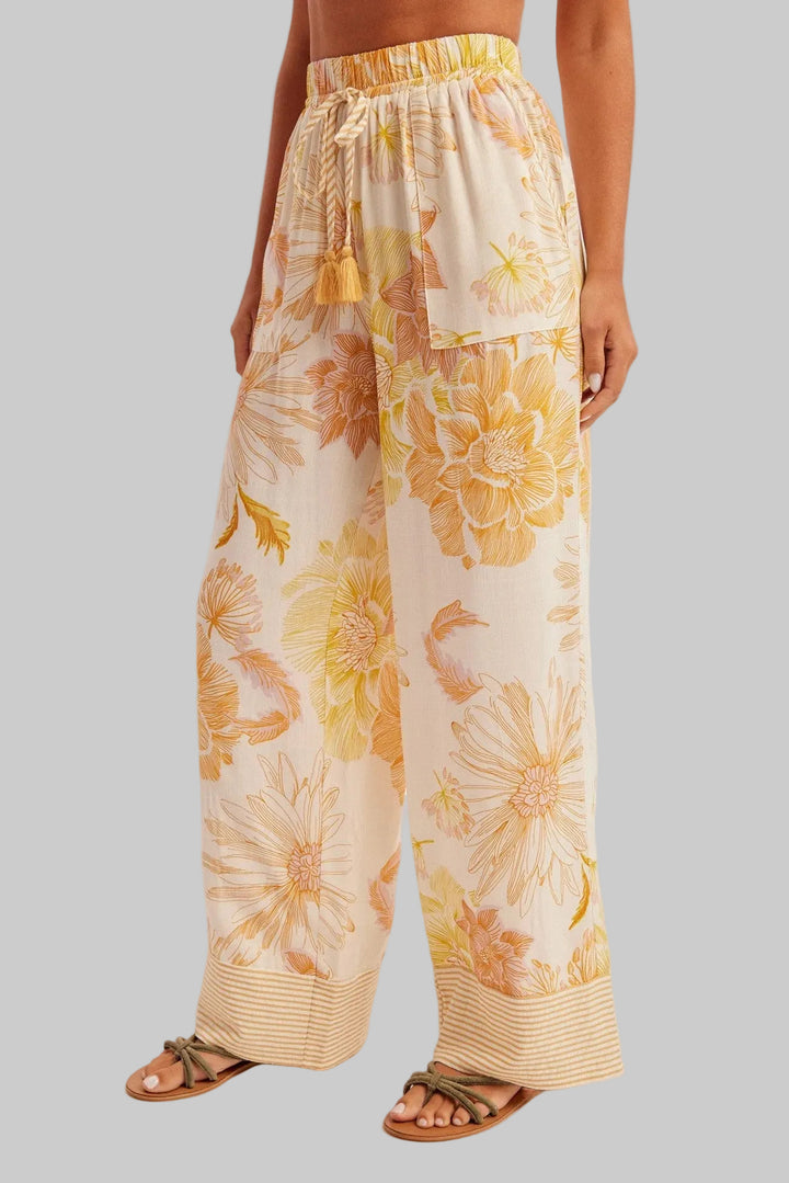 STRIPE CONTRAST FLORAL PRINT PANTS - CREAM/MUSTARD