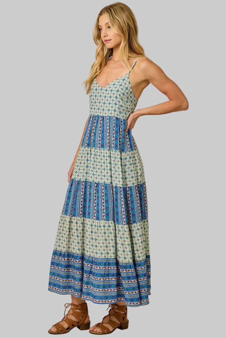 COLOR BLOCKED BOHO CHALLIS TIERED SUN DRESS - SAGE/BLUE