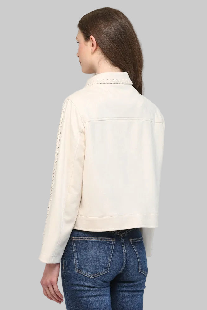 WHIPSTITCH DETAIL FAUX SUEDE JACKET - ECRU