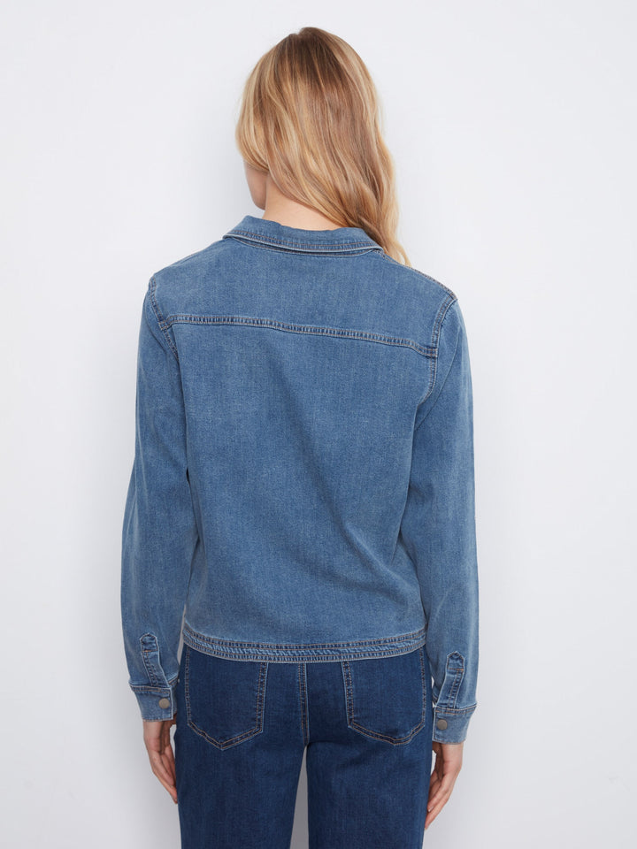 LONG SLEEVE TENCEL DENIM HALF PLACKET SHIRT - MEDIUM BLUE