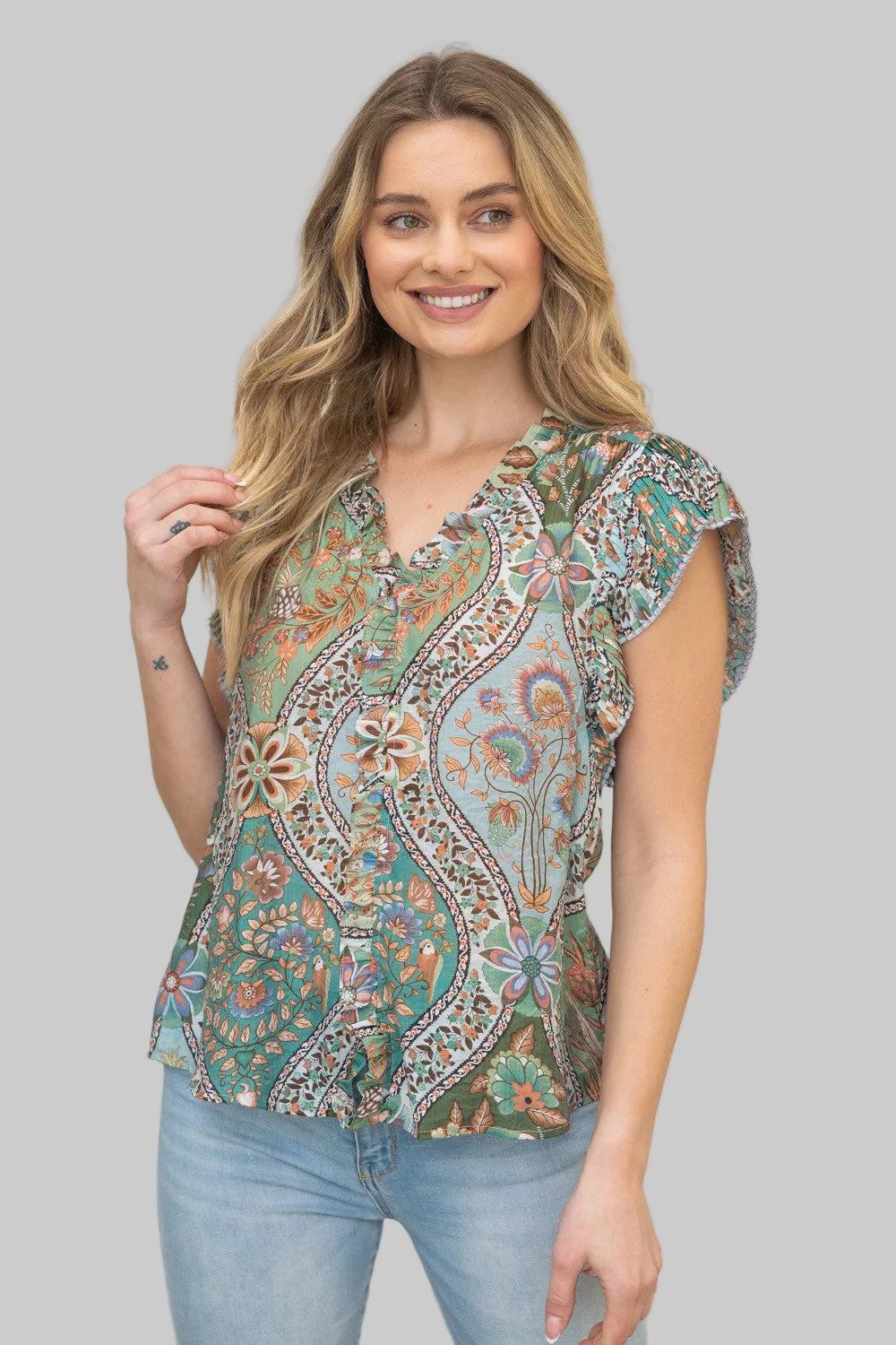 PLEATED SLEEVE BUTTON DOWN FLORAL PAISLEY TOP - GREEN
