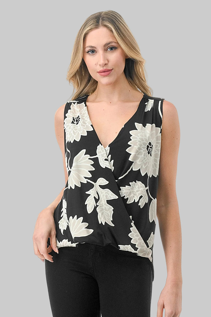 SLEEVELESS SURPLICE TOP - BLACK FLORAL