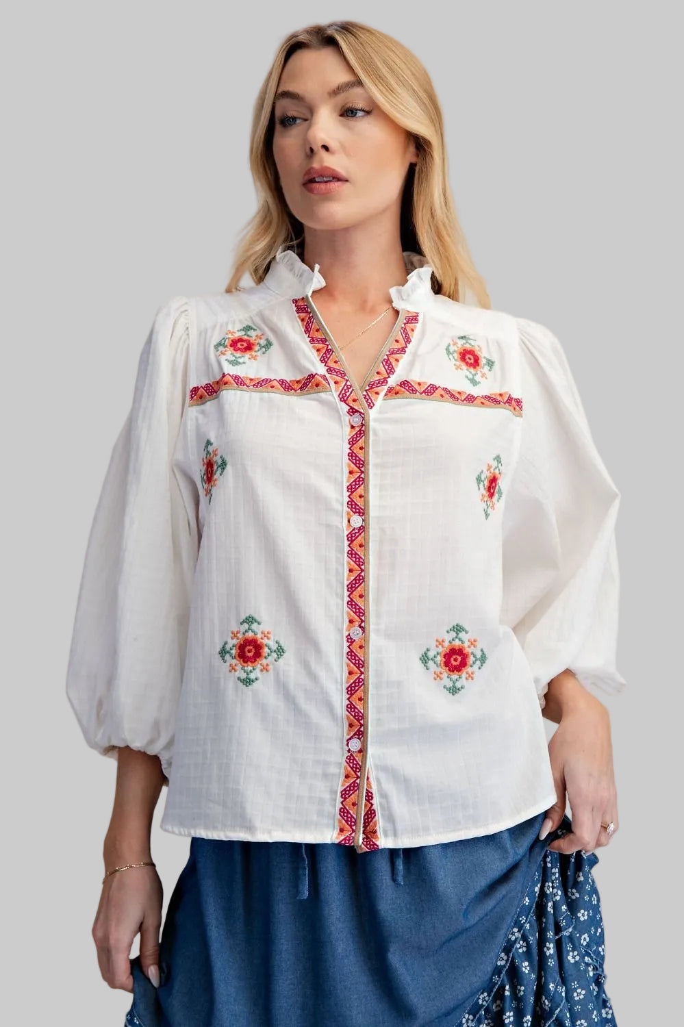 LONG BALLOON SLEEVE FLORAL EMBROIDERY BLOUSE - WHITE