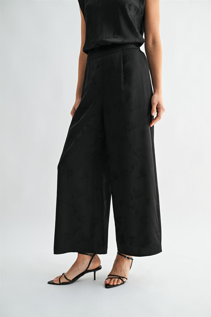 SATIN WIDE LEG JACQUARD PANTS - BLACK